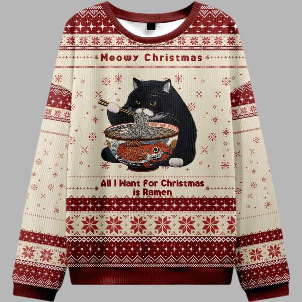 Meowy Christmas Ramen Ugly Christmas Sweater 3