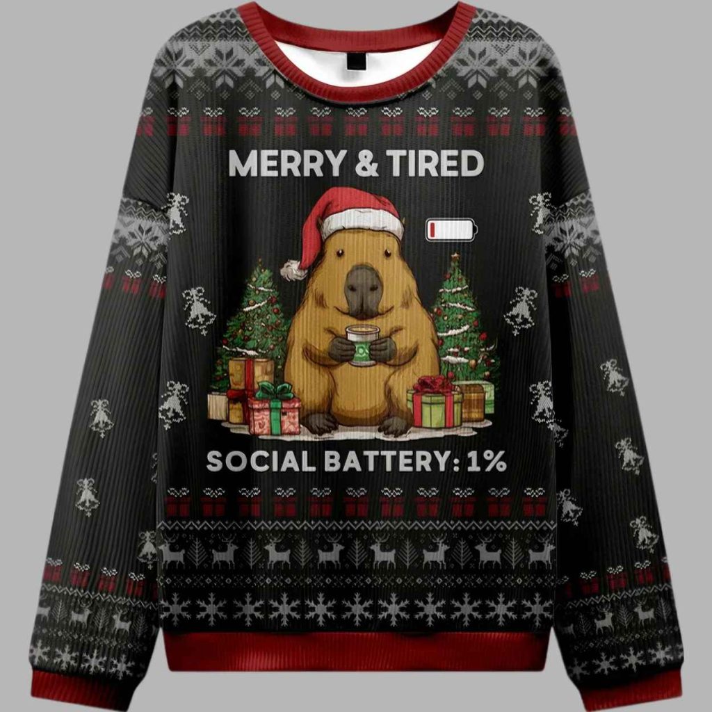 Merry And Tired Social Battery 1 Ugly Christmas Sweater 3