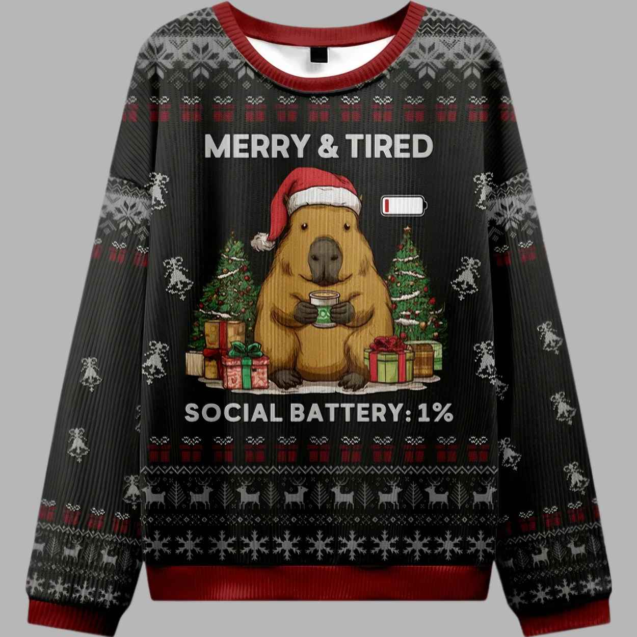 Merry And Tired Social Battery 1% Ugly Christmas Sweater 2 Merry And Tired Social Battery 1 Ugly Christmas Sweater 3