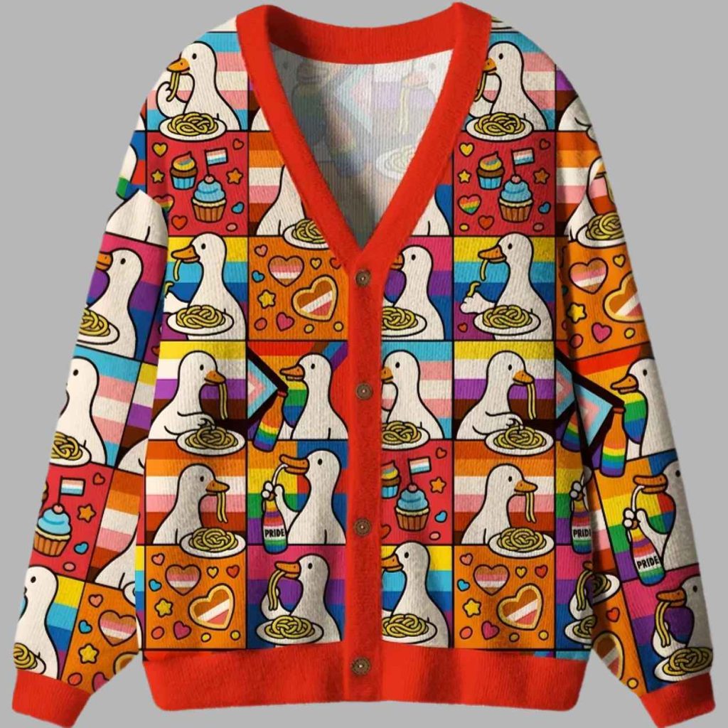 More Spaghetti Less Upsetti Goose Eat Spaghetti Ugly Cardigan Sweater 3