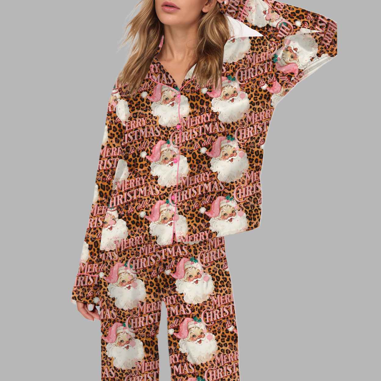 Pink Santa Leopard Christmas Silky Satin Pajama Set 1 Pink Santa Leopard Christmas Silky Satin Pajama Set 2