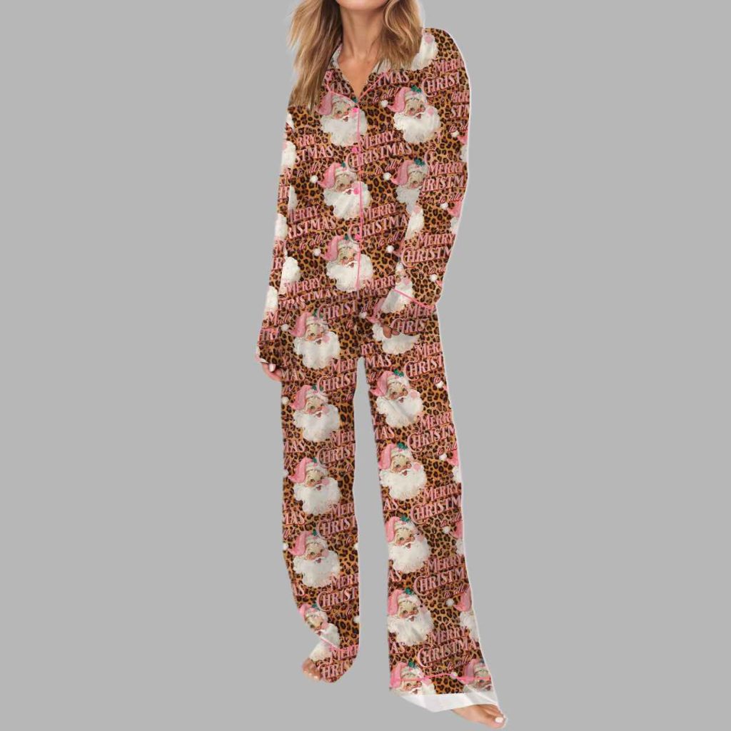 Pink Santa Leopard Christmas Silky Satin Pajama Set 3 Pink Santa Leopard Christmas Silky Satin Pajama Set 3