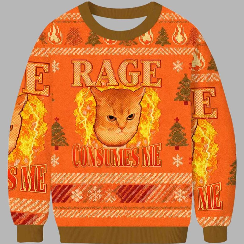 Rage Consumes Me Edgy Funny Cat Meme Ugly Christmas Sweater 3
