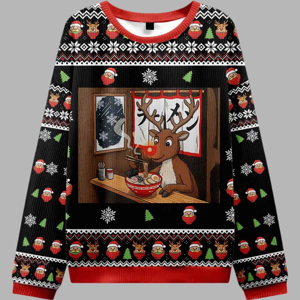 Reindeer Eating Ramen Ugly Christmas Sweater 3