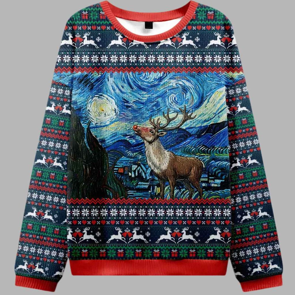 Rudolph Under The Starry Night Christmas Ugly Sweater 3