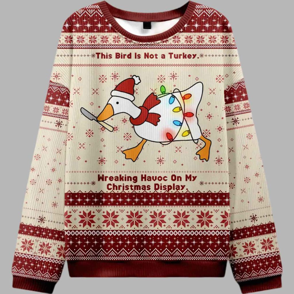 Festive Goose On The Loose Goose Smoking Funny Meme Ugly Christmas Sweater,  Silly Duck Christmas Sweater