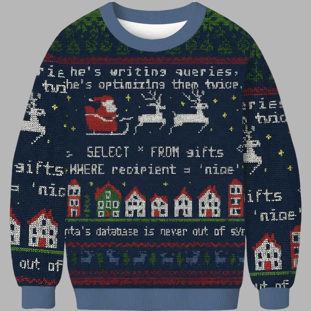 Santas Database Never Out of Sync Ugly Christmas Sweater 3