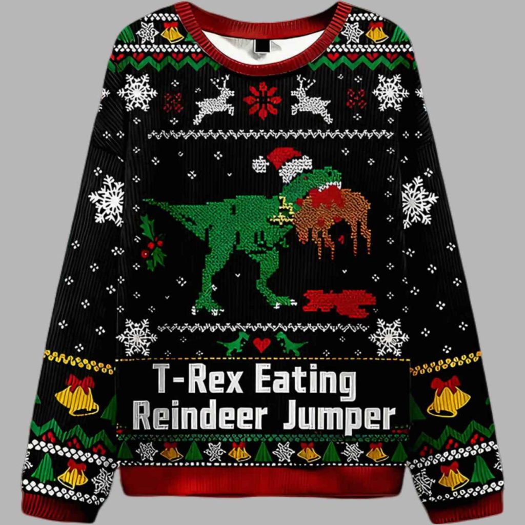 T Rex Eating Reindeer Jumper Ugly Christmas Sweater 3
