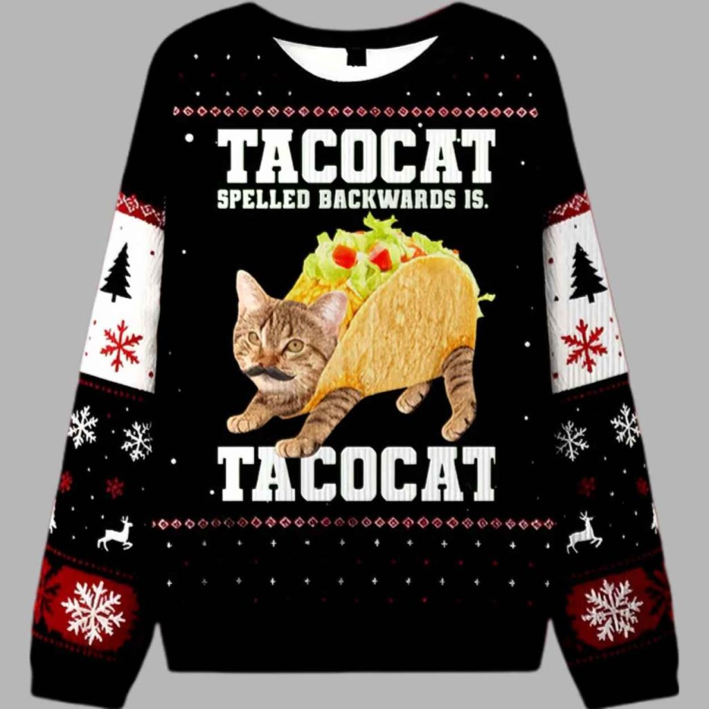 Tacocat Spelled Backwards Is Tacocat Ugly Christmas Sweater 3
