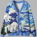 Waves Under The Starry Night Ugly Cardigan Sweater
