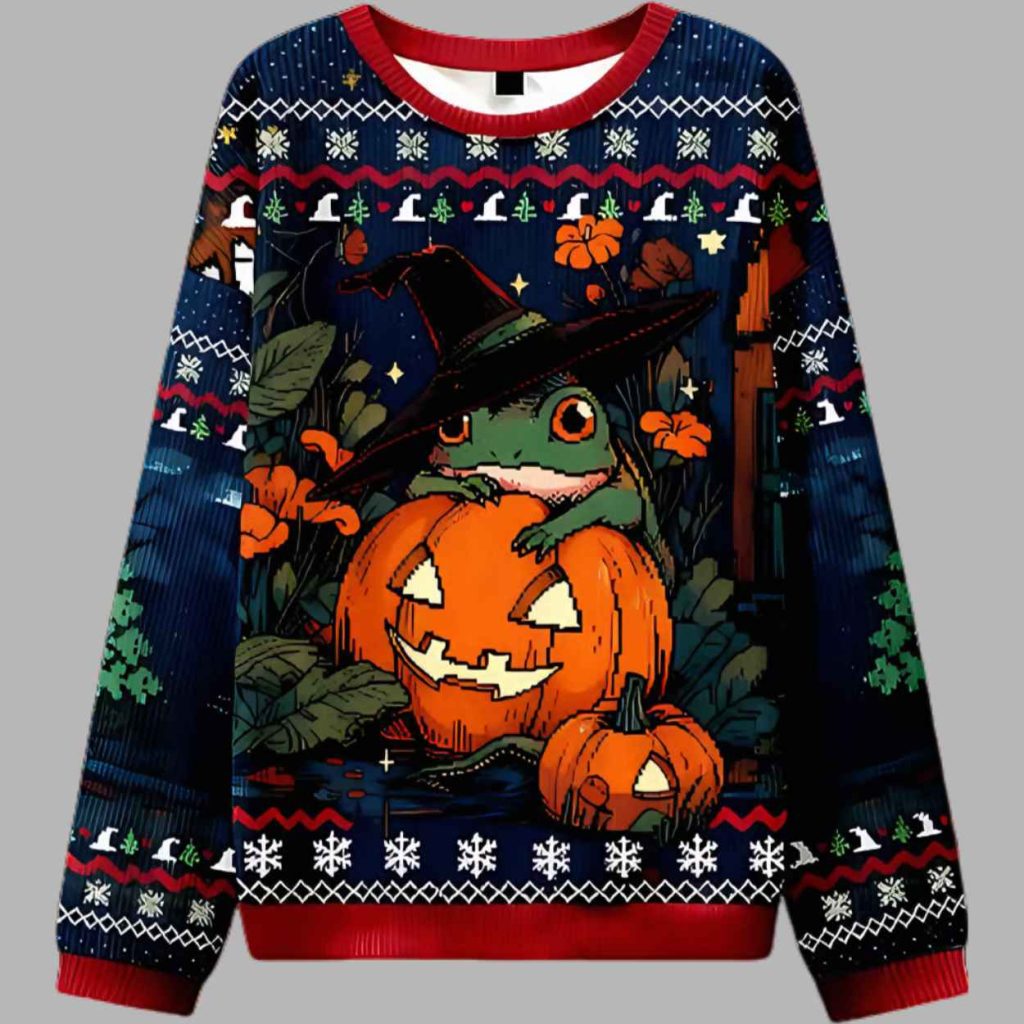 Witch Frog And Pumpkins Ugly Christmas Sweater 3 Witch Frog And Pumpkins Ugly Christmas Sweater 3