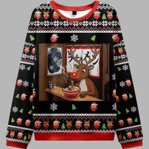 Reindeer Eating Ramen Ugly Christmas Sweater 2