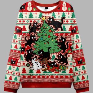 Black Cats Destroying Christmas Tree Ugly Christmas Sweater 1