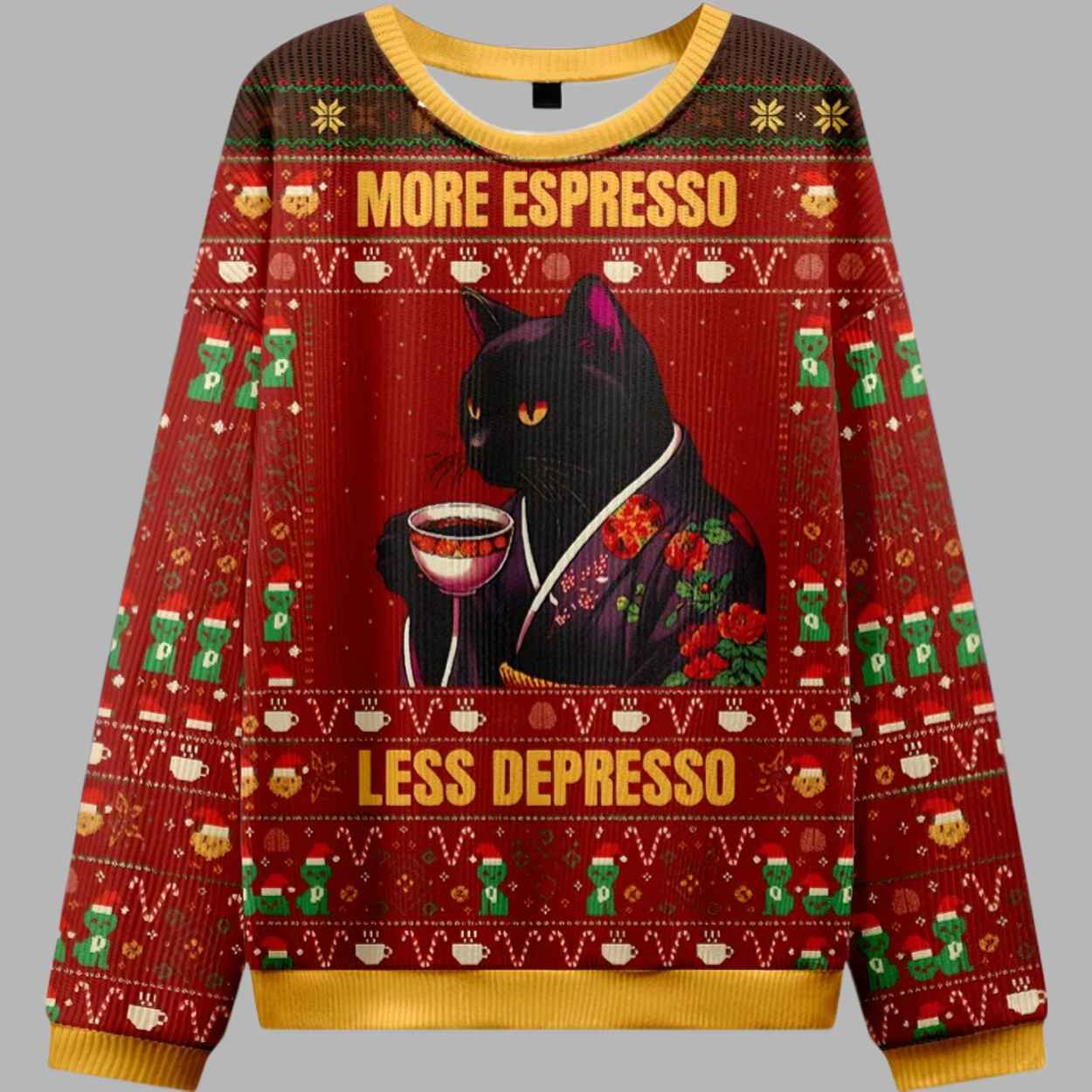 A Cat Drinking Coffee More Espresso Less Depresso Christmas Ugly Sweater 1 A Cat Drinking Coffee More Espresso Less Depresso Christmas Ugly Sweater 1