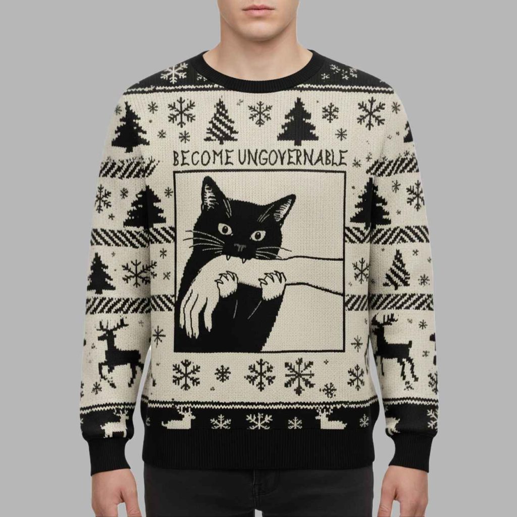 Black Cat Biting Christmas Ugly Sweater 2 Black Cat Biting Christmas Ugly Sweater 2