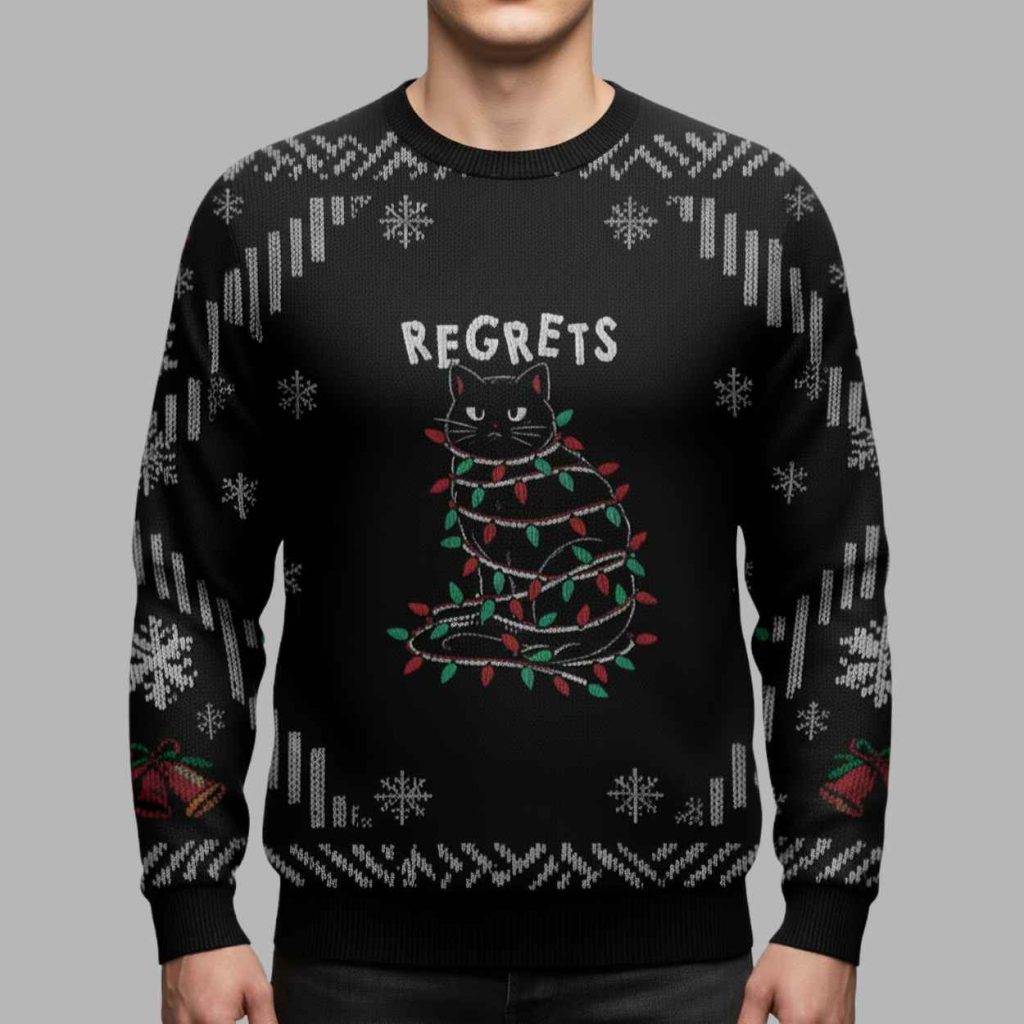Black Cat Tangled Up on Christmas Lights Christmas Ugly Sweater 2