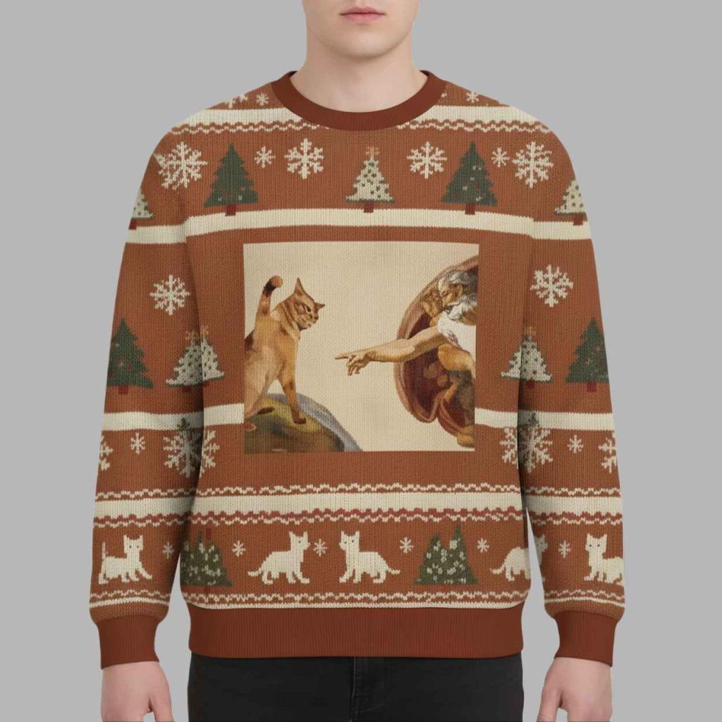 Cat God Creation Of Adam Meme Christmas Ugly Sweater 2