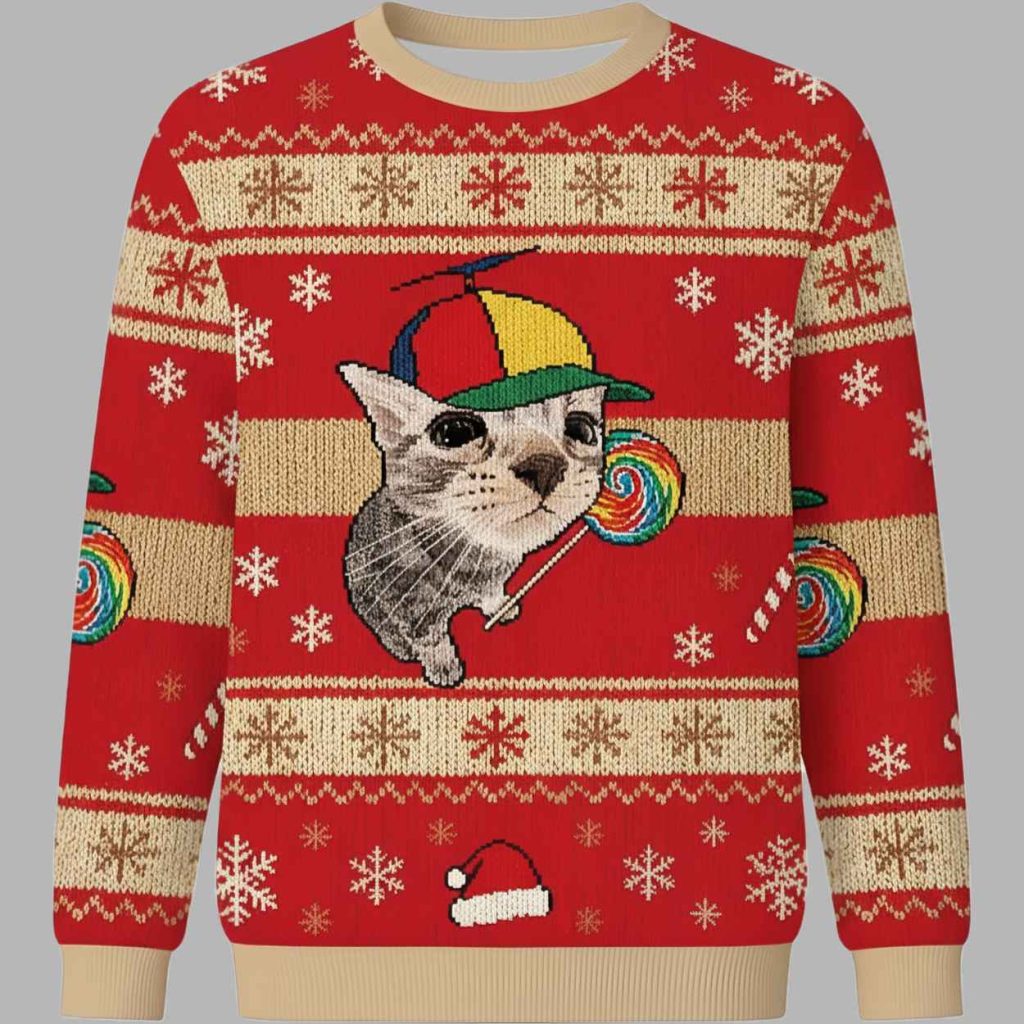 Cat With Lollipop And Hat Christmas Ugly Sweater