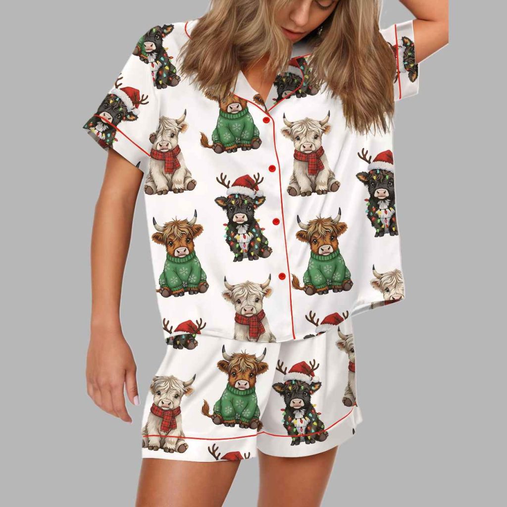 Christmas Highland Cow Silky Satin Pajama Set 4