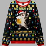 Cute Cat Drinking Beer Christmas Ugly Sweater