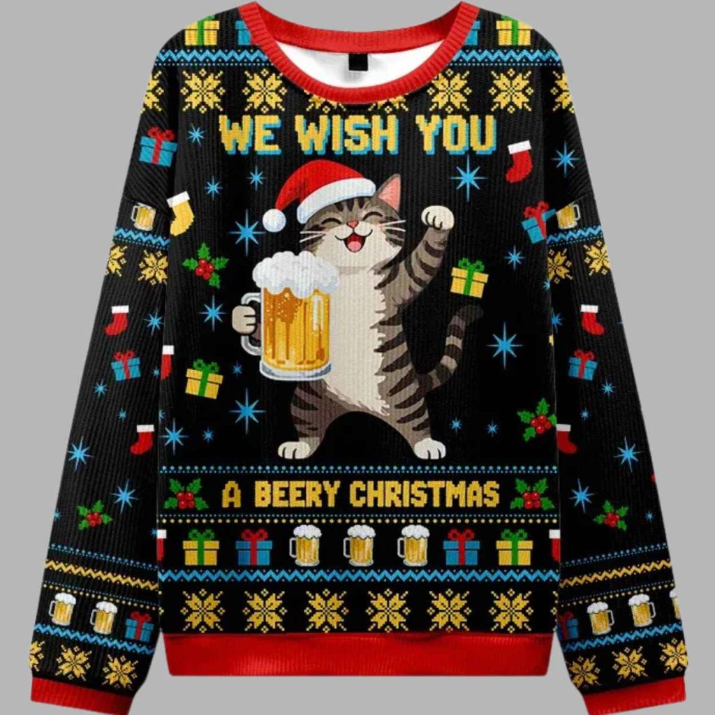 Cute Cat Drinking Beer Christmas Ugly Sweater 2 Cute Cat Drinking Beer Christmas Ugly Sweater 2