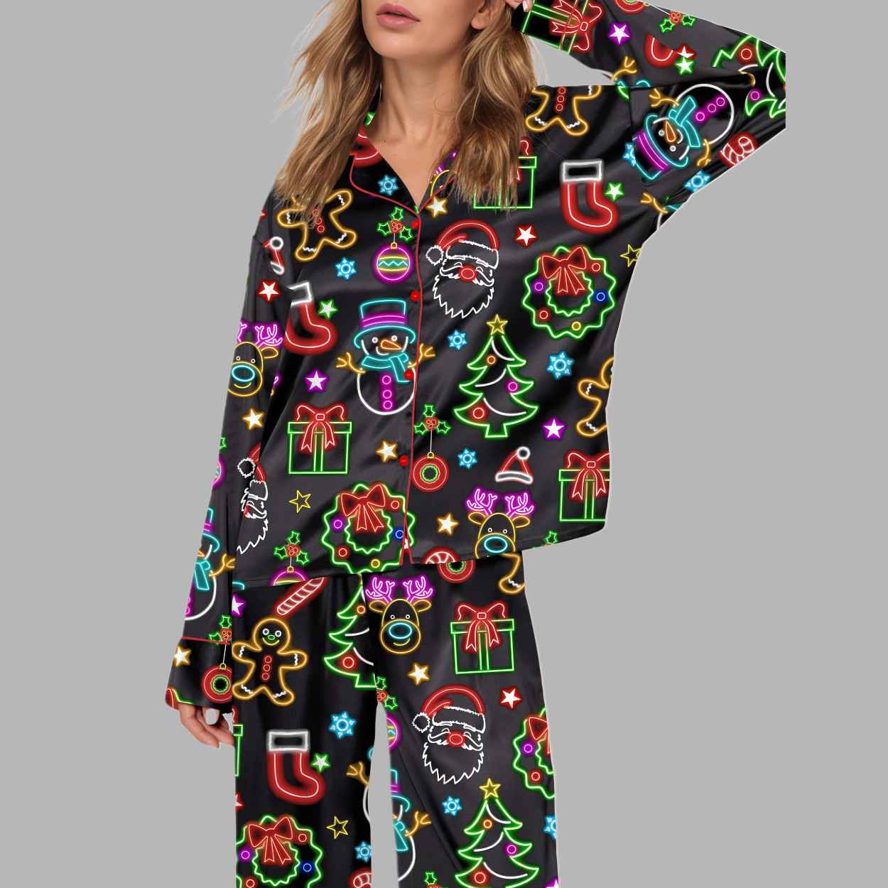 Cute Neon Christmas Silky Satin Pajama Set 1 Cute Neon Christmas Silky Satin Pajama Set 1