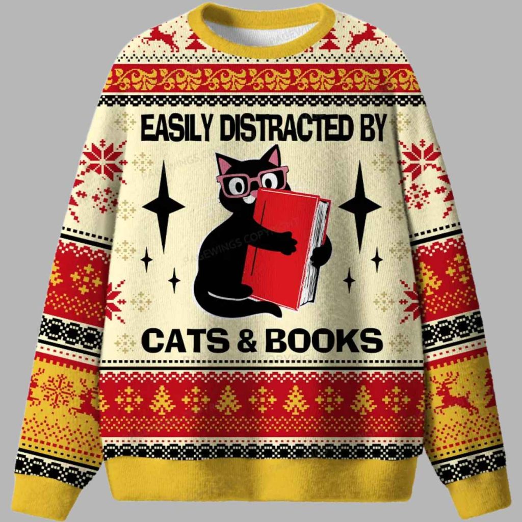 Easily Distracted By Cats And Books Ugly Christmas Sweater 2