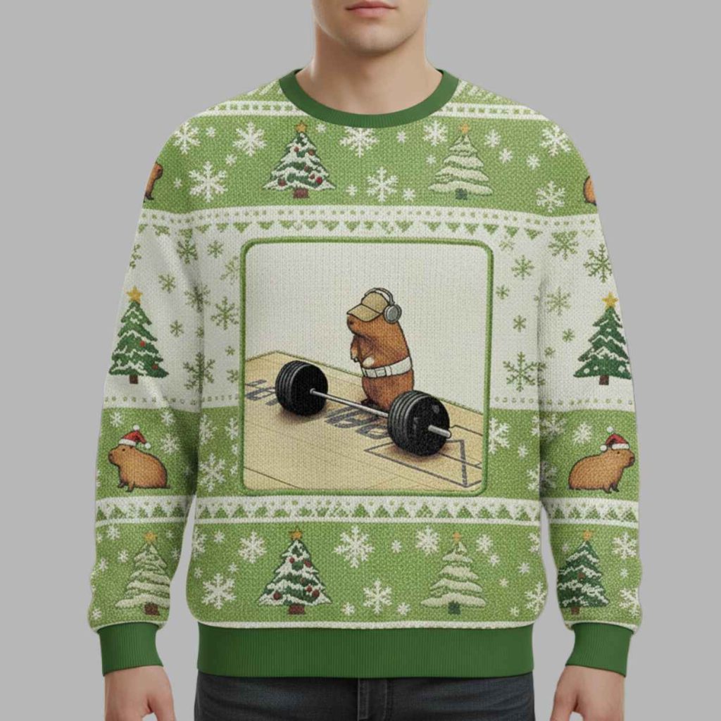 Funny Cute Rat Weightlifting Meme Christmas Ugly Sweater 2