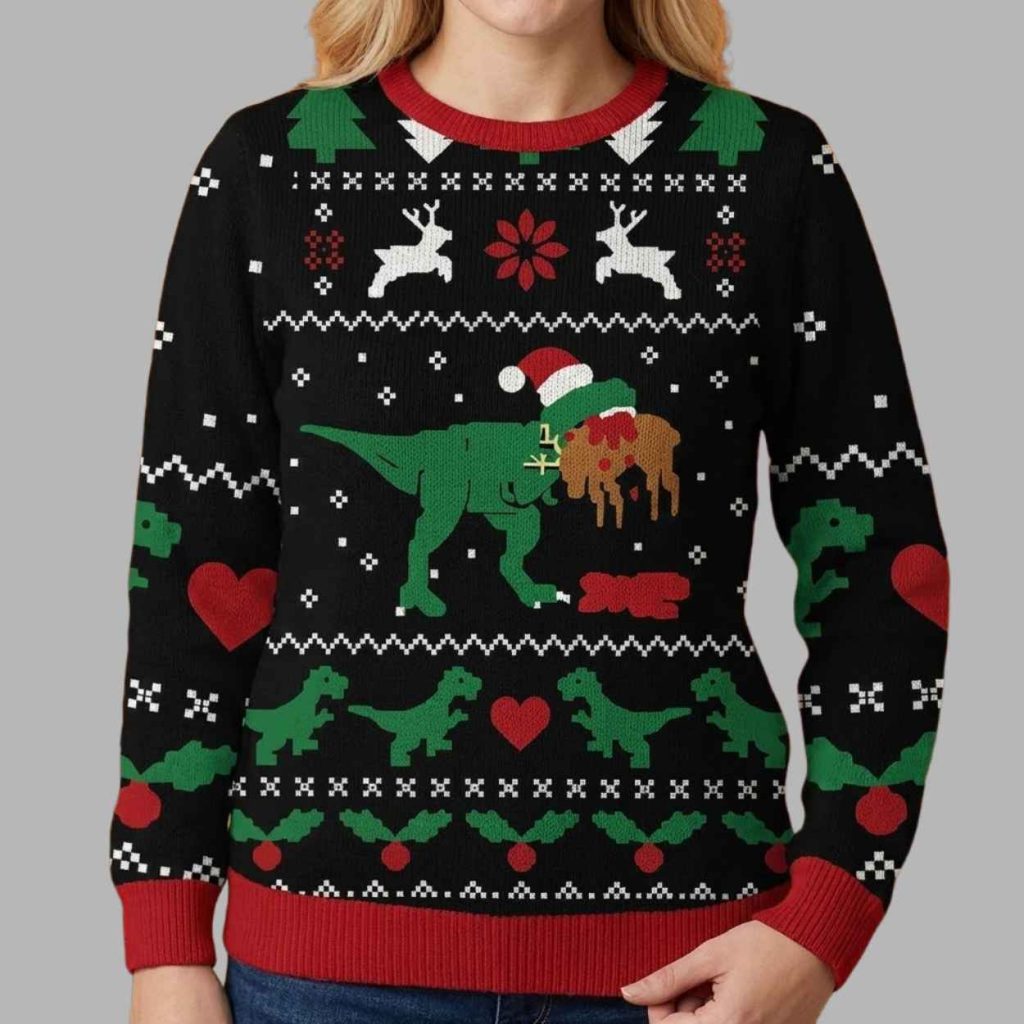 Funny T Rex Dinosaur Christmas Ugly Sweater 2