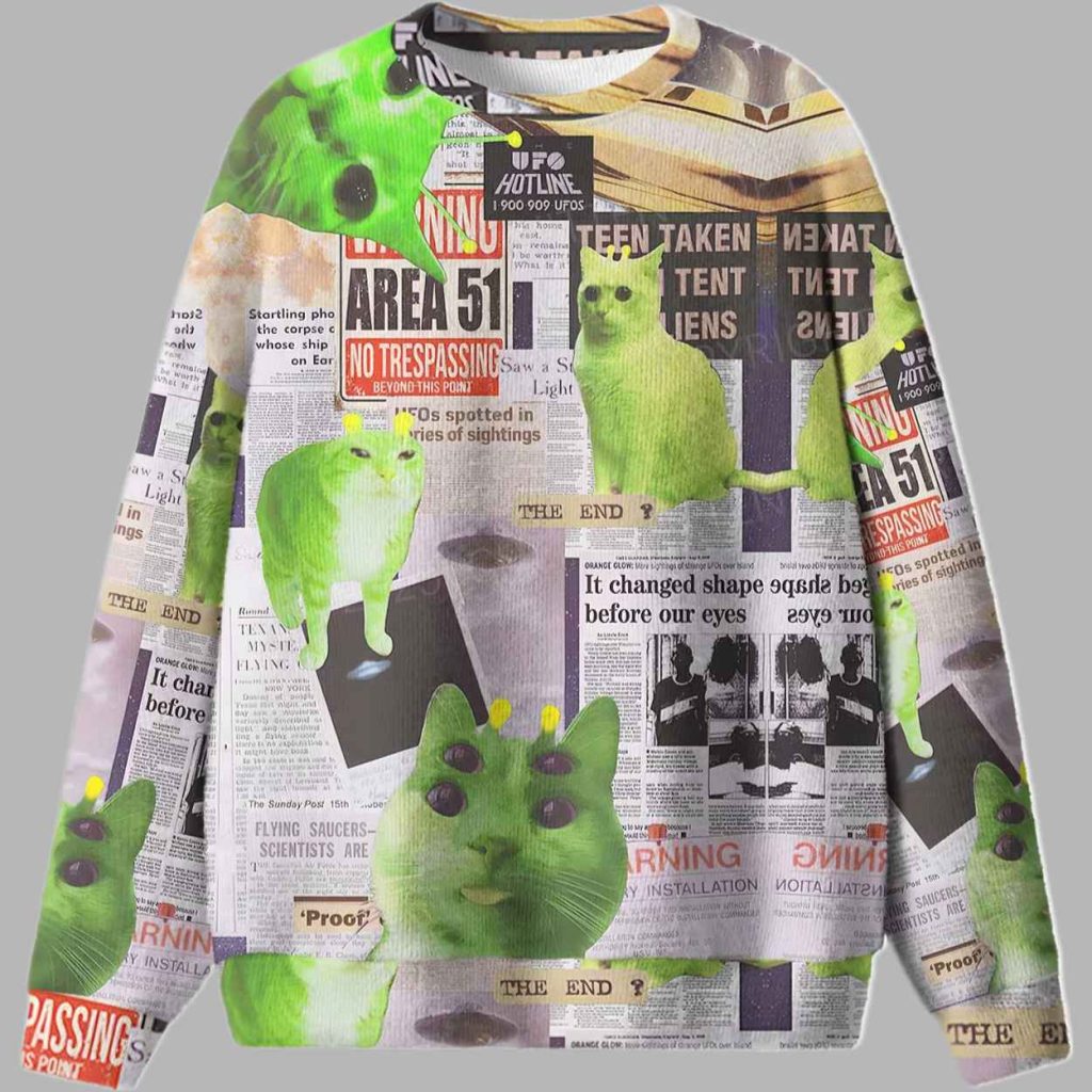 Green Alien Kitten Ugly Christmas Sweater 2