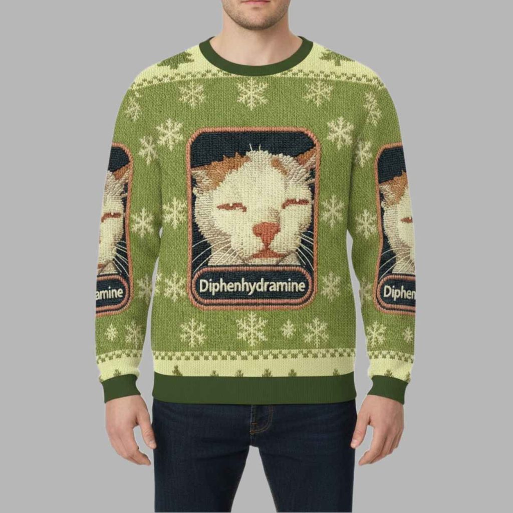 Green Drowsy Diphenhydramine Cat Meme Christmas Ugly Sweater 2