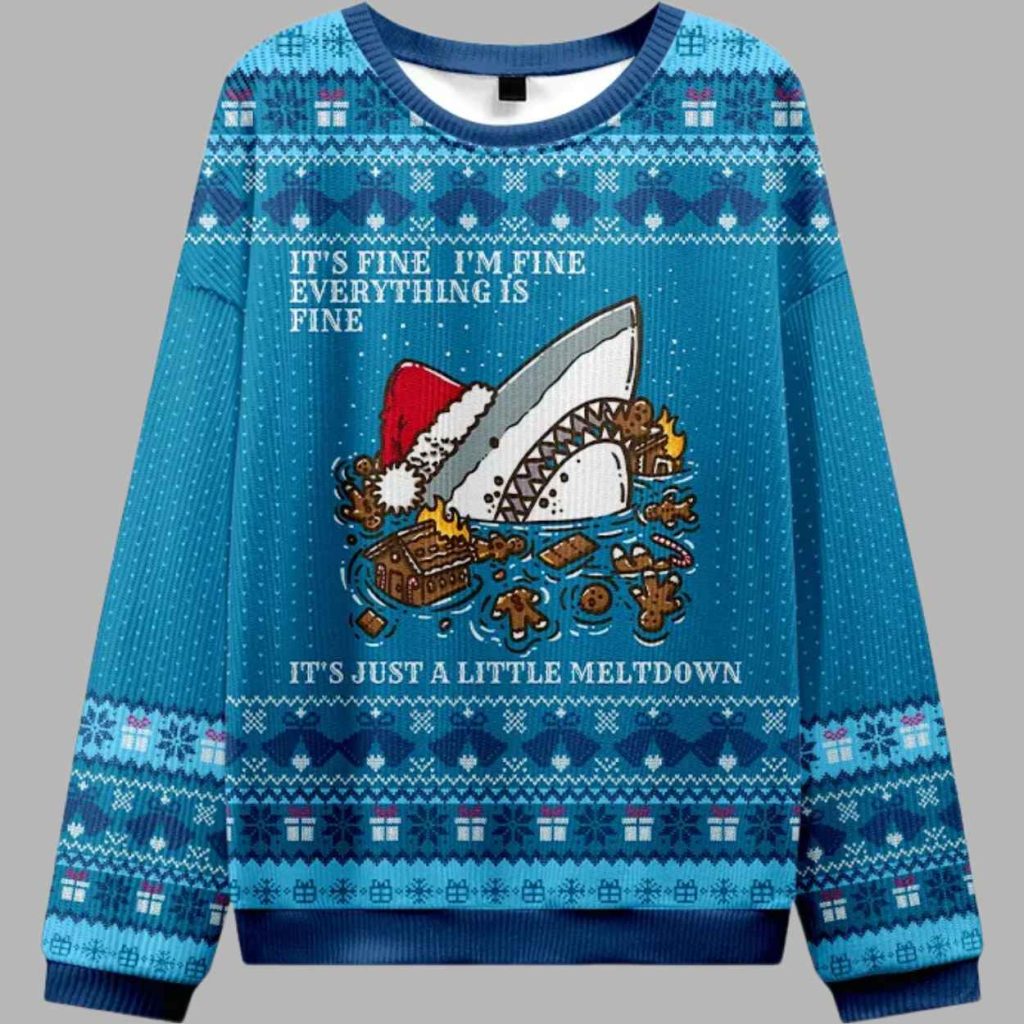 Just a Little Shark Meltdown Christmas Ugly Sweater 1 Just a Little Shark Meltdown Christmas Ugly Sweater 1