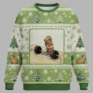 Funny Cute Rat Weightlifting Meme Christmas Ugly Sweater 1