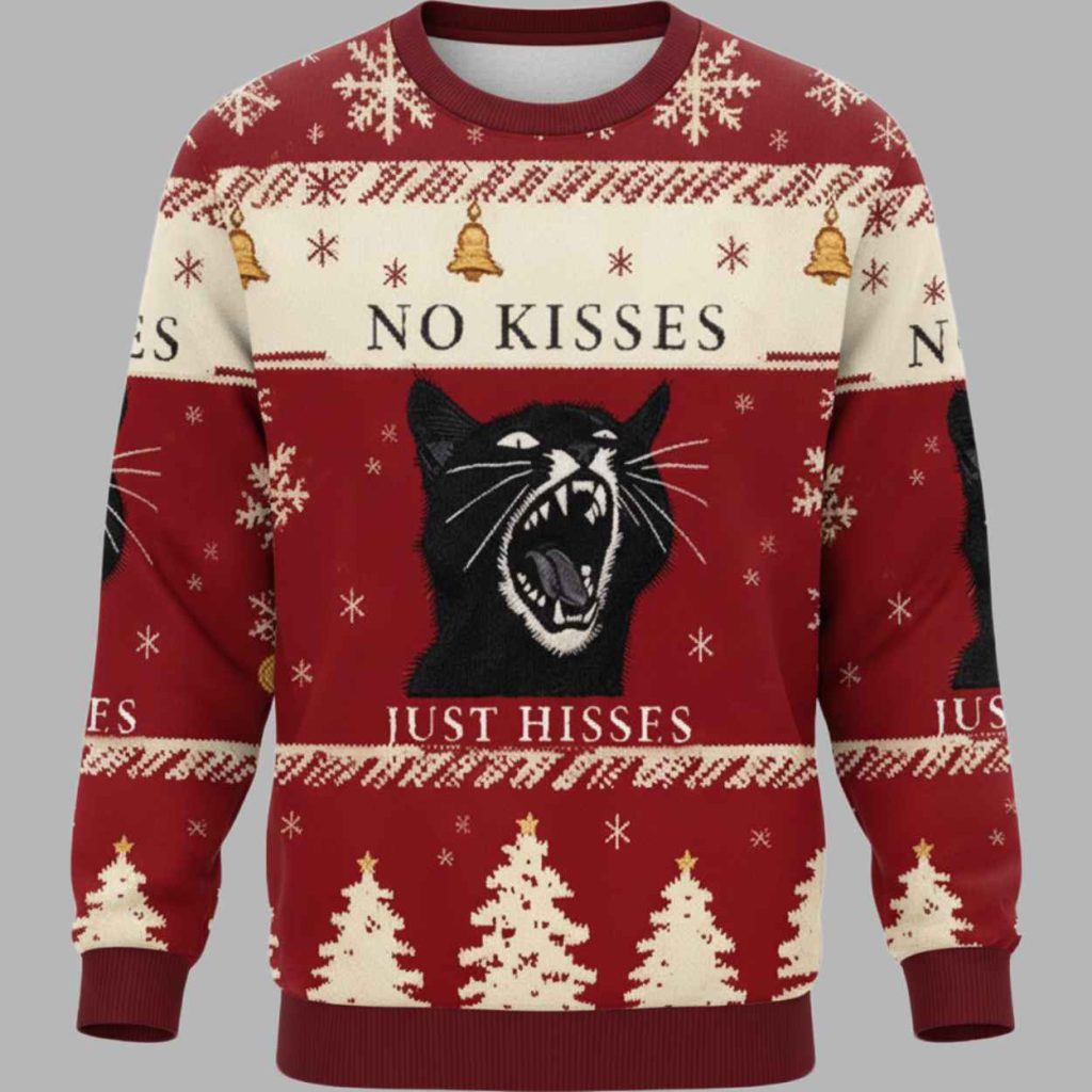 No Kisses Just Hisses Angry Black Cat Christmas Ugly Sweater 2