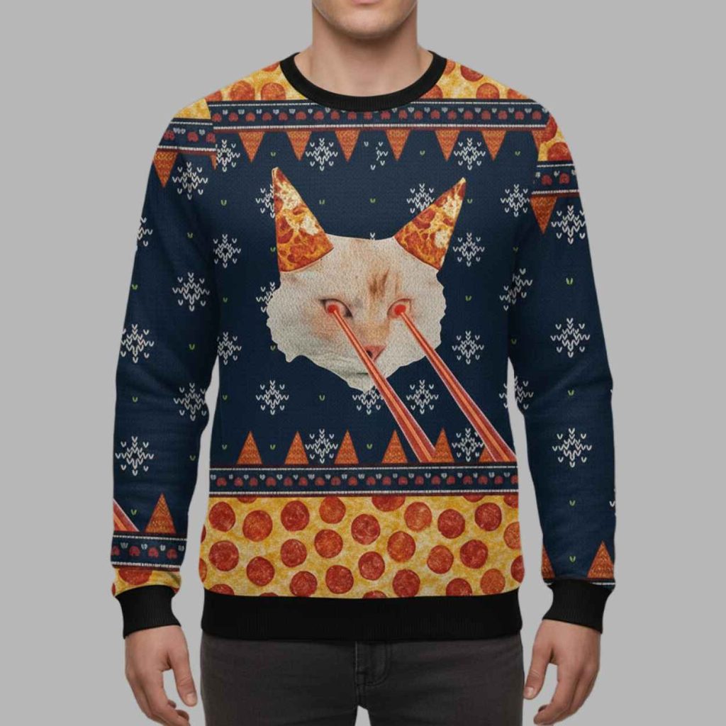 Pizza Cat With Laser Eyes Christmas Ugly Sweater 2