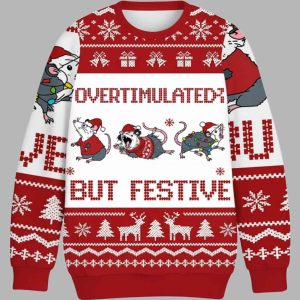 Overstimulated But Festive Possum Christmas Ugly Sweater 1