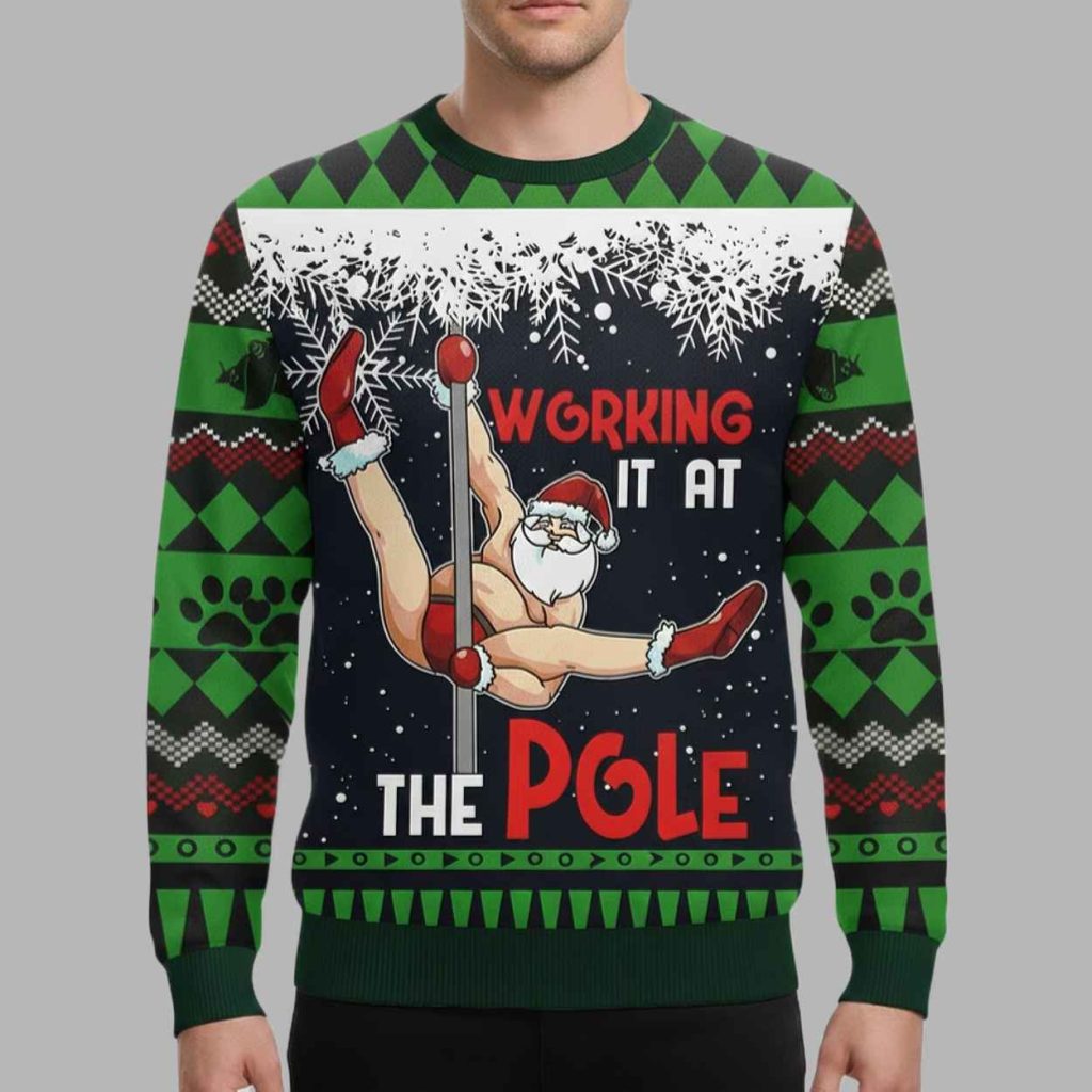 Santa Working It At The Pole Christmas Ugly Sweater 2