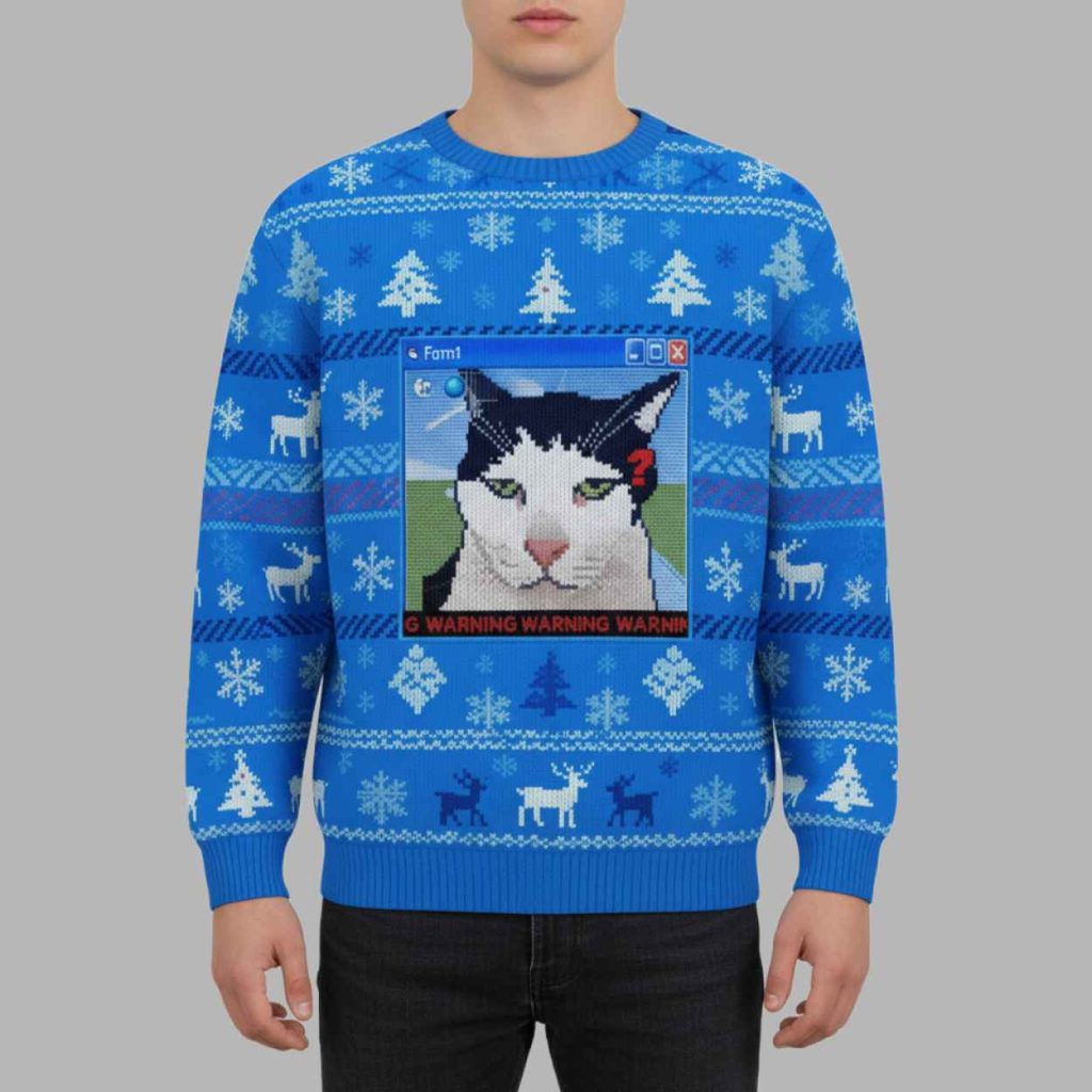 Warning Cat Christmas Ugly Sweater 1