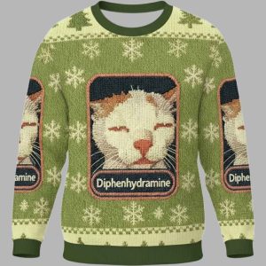 Green Drowsy Diphenhydramine Cat Meme Christmas Ugly Sweater 1