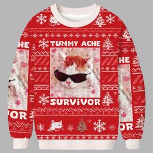 Tummy Ache Survivor Funny Cat Meme Christmas Ugly Sweater 2
