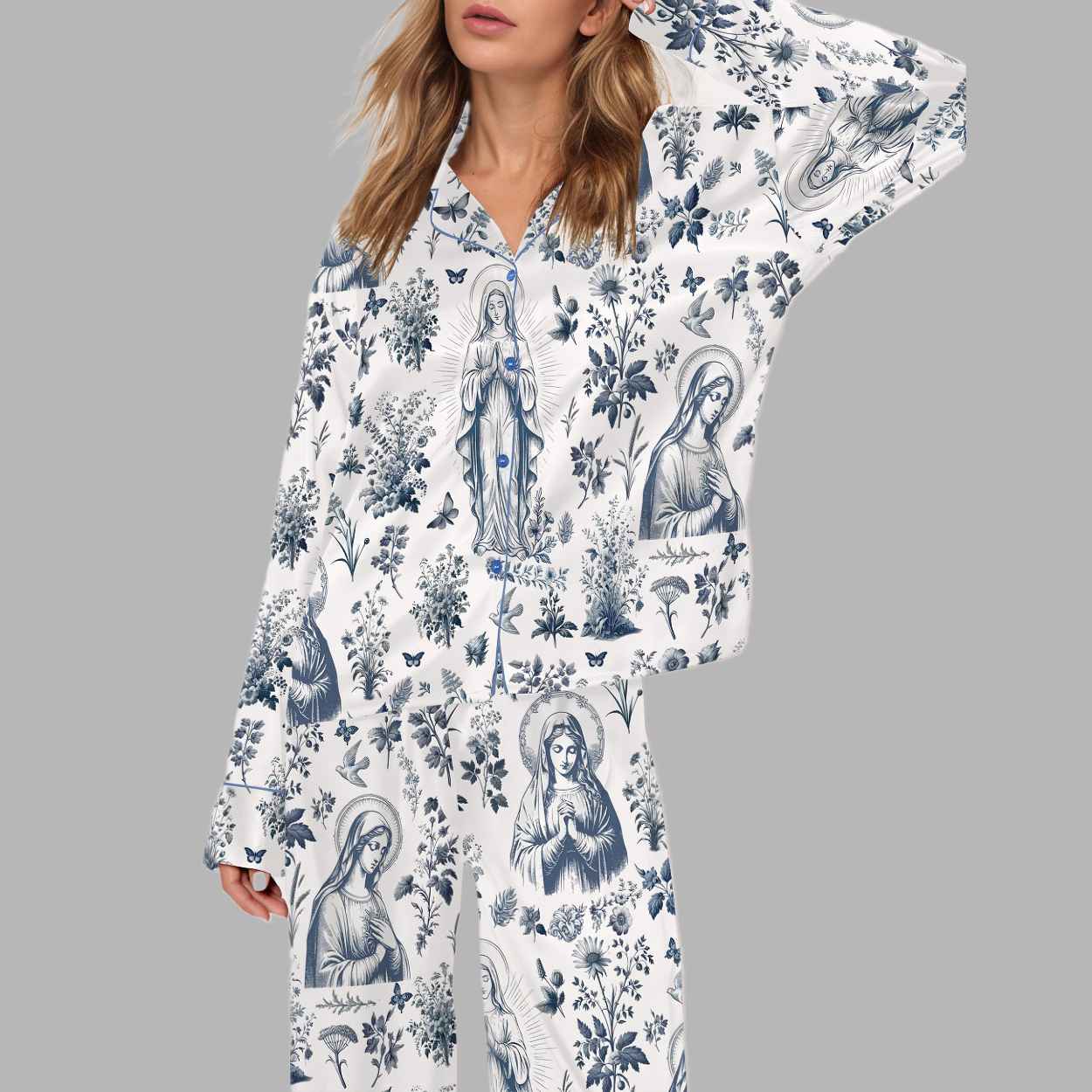 Catholic Virgin Mary Toile Silky Satin Pajama Set 1 Catholic Virgin Mary Toile Silky Satin Pajama Set 1