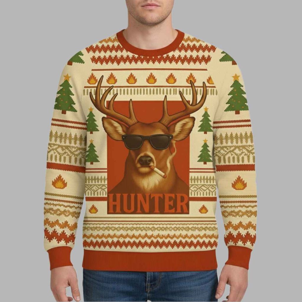 Smoking Deer Hunter Christmas Ugly Sweater 2