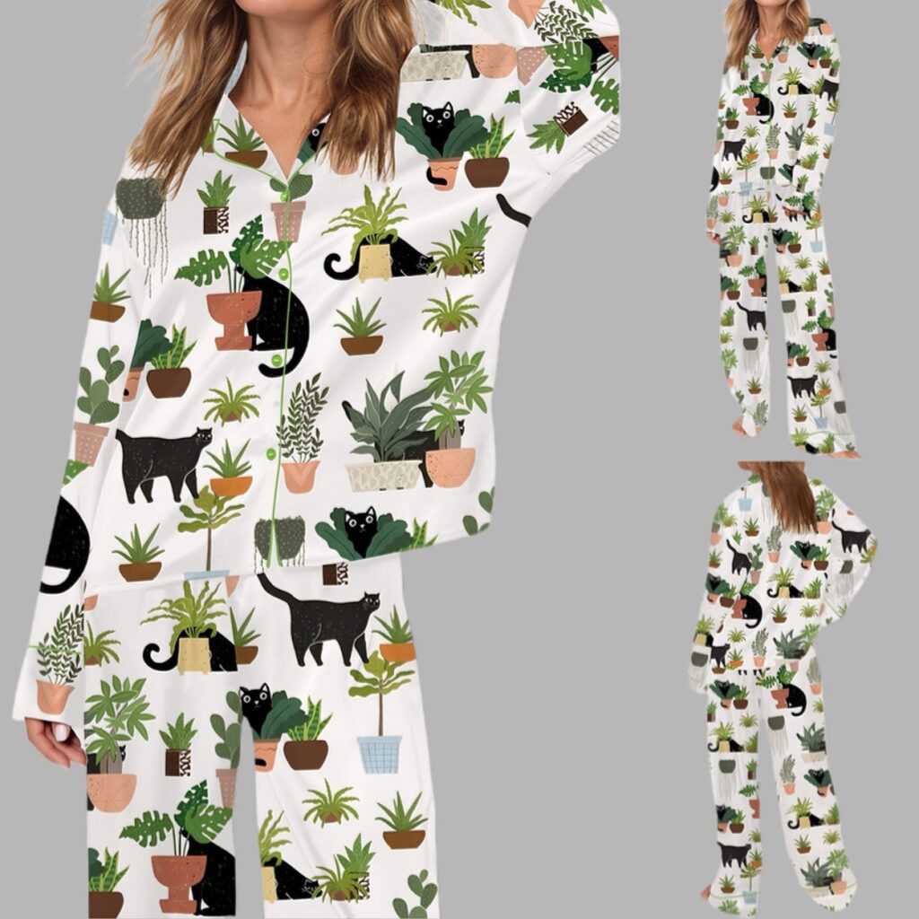 Cats And Plants Silky Satin Pajama Set 1