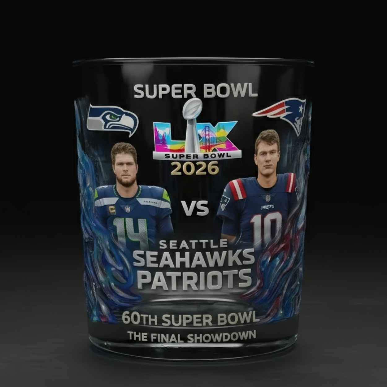 Seahawks Vs Patriots Bowl LX 2026 Whiskey Glass 1 Seahawks Vs Patriots Bowl LX 2026 Engraved Whiskey Glass 1