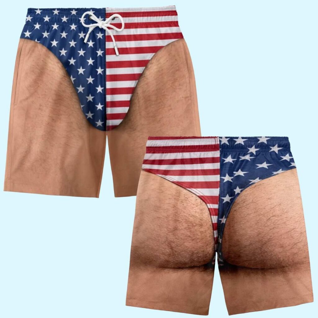 Front and back views of patriotic illusion shorts