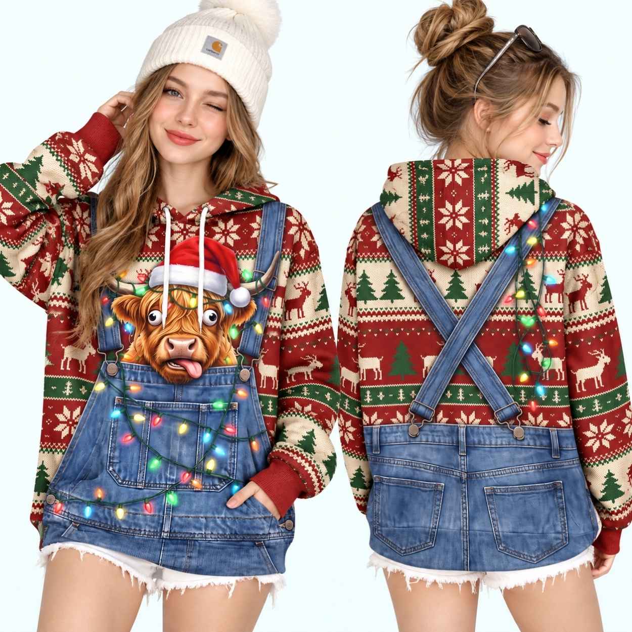 Christmas Highland Cow Overalls Ugly Sweater Hoodie 2 Christmas Highland Cow Overalls Ugly Sweater Hoodie 2
