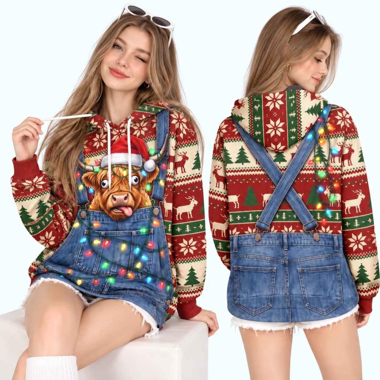 Christmas Highland Cow Overalls Ugly Sweater Hoodie 4 Christmas Highland Cow Overalls Ugly Sweater Hoodie 3