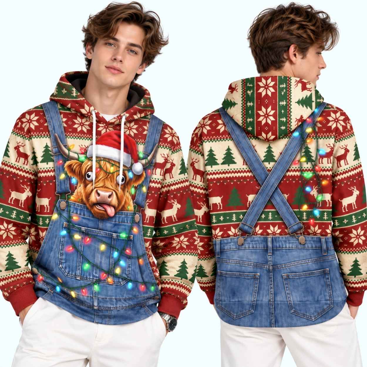 Christmas Highland Cow Overalls Ugly Sweater Hoodie 3 Christmas Highland Cow Overalls Ugly Sweater Hoodie 4