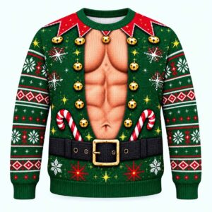 Funny Muscular Elf Christmas Ugly Sweater 1