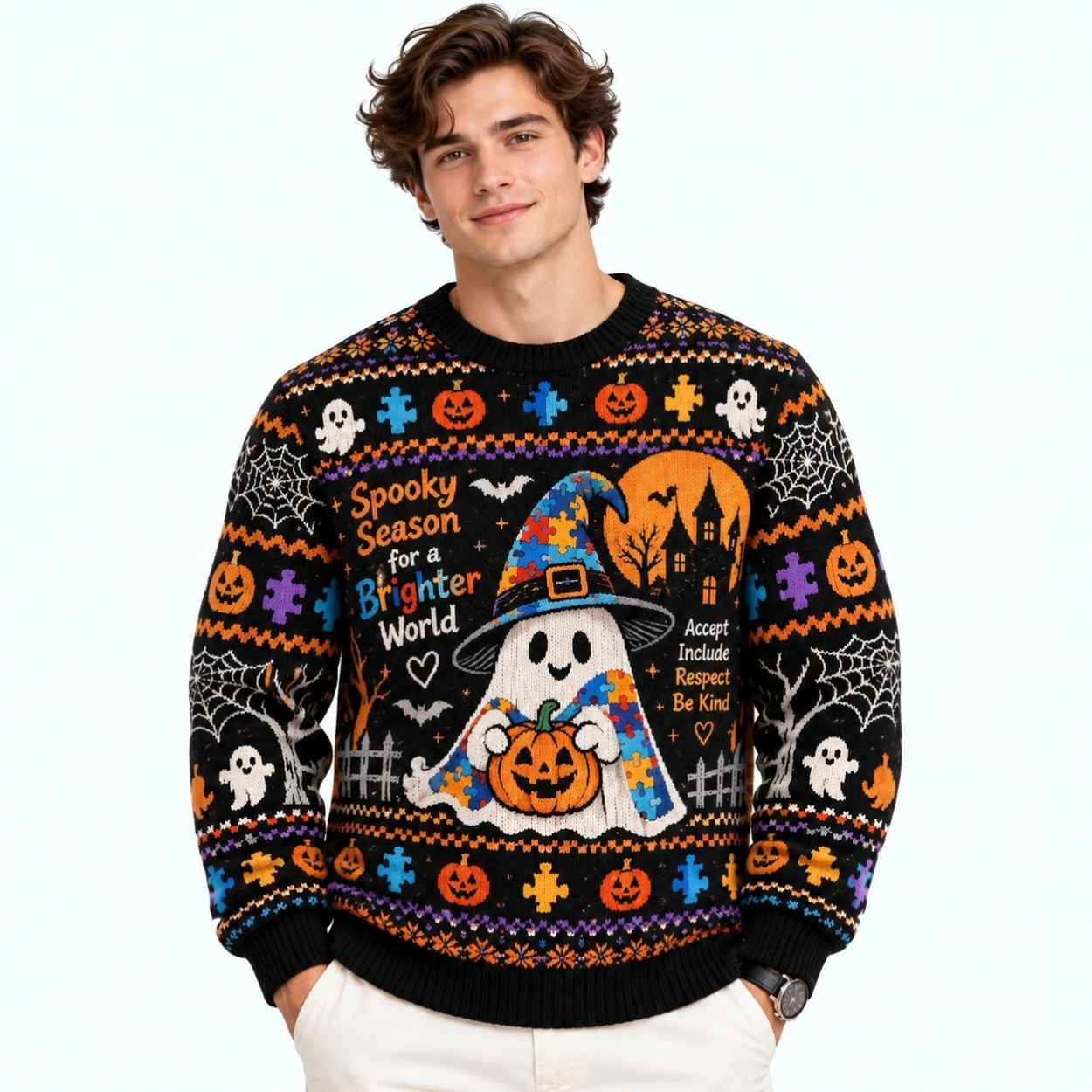 Spooky Season For A Brighter World Halloween Autism Awareness Sweater 4 Spooky Season For A Brighter World Halloween Autism Awareness Sweater 3